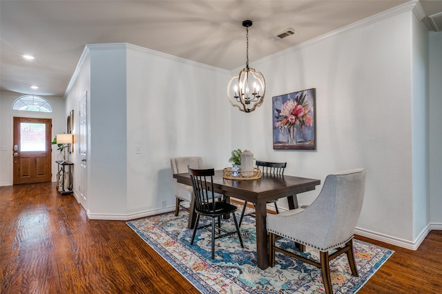 8209 Clear Bay Dr, Mckinney, TX 75072 - dining area featuring a chandelier, wood finished floors, ornamental molding, baseboards, and recessed lighting