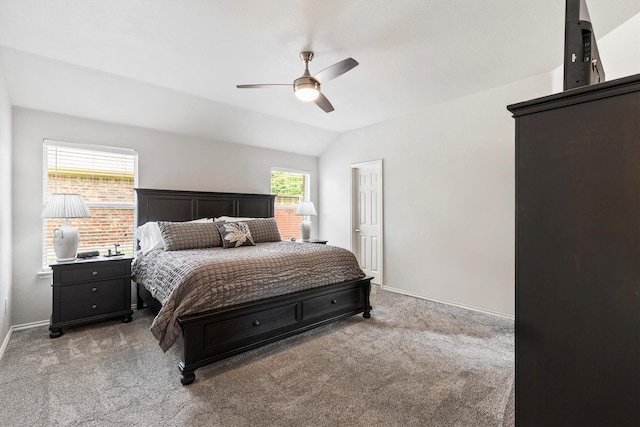 2040 Gleaner Dr, Rockwall, TX 75032 - bedroom with light colored carpet, lofted ceiling, baseboards, and a ceiling fan