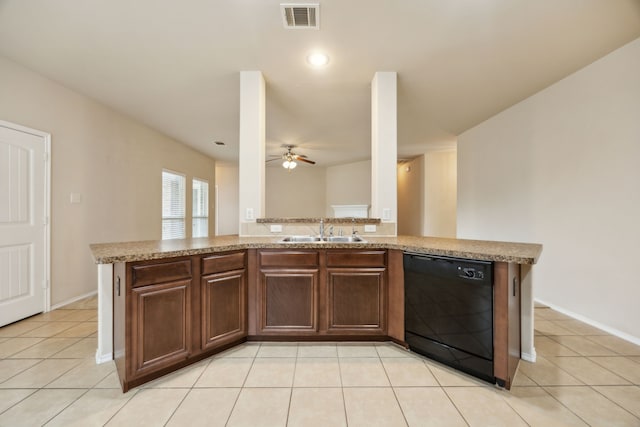 1403 Illinois Ave, Lancaster, TX 75134 - kitchen featuring black dishwasher, a sink, light tile patterned floors, a ceiling fan, and recessed lighting