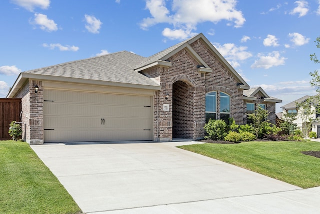 3006 Genevieve Ln, Royse City, TX 75189 - view of front of house with brick siding, a garage, driveway, roof with shingles, and a front yard