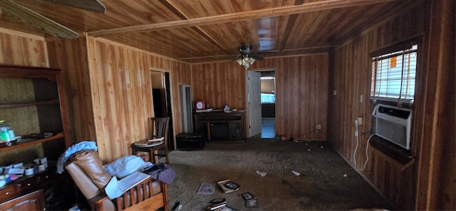 2017 Village Way, Dallas, TX 75216 - carpeted living area featuring wood ceiling, plenty of natural light, wood walls, a ceiling fan, and cooling unit