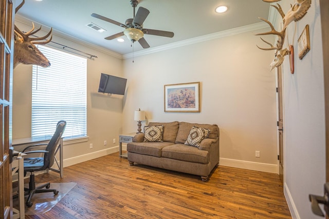 44 Mirror Lakes Ct, Gunter, TX 75058 - office area featuring crown molding, a ceiling fan, wood finished floors, baseboards, and plenty of natural light