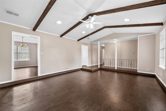 444 Lindenwood Ln W, Hewitt, TX 76643 - unfurnished living room with dark wood-style floors, a chandelier, ceiling fan, and baseboards