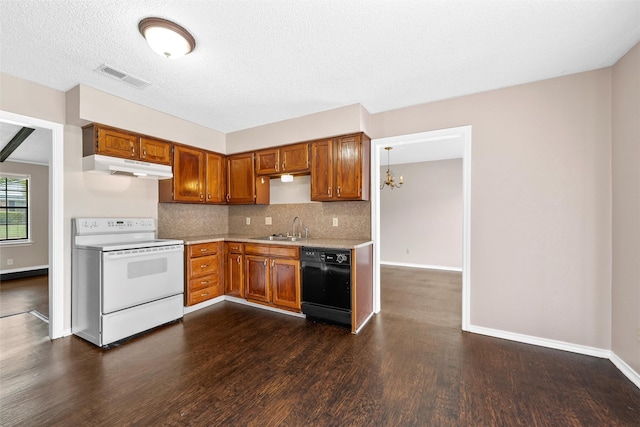 444 Lindenwood Ln W, Hewitt, TX 76643 - kitchen featuring white range with electric stovetop, black dishwasher, under cabinet range hood, a sink, and dark wood finished floors