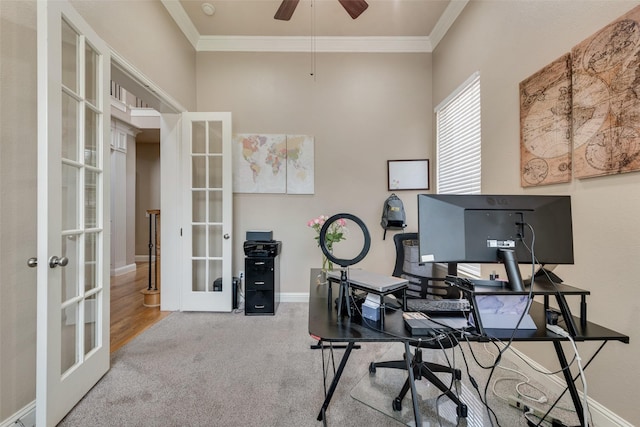 15606 Fox Meadow Ln, Frisco, TX 75035 - carpeted office featuring french doors, crown molding, a ceiling fan, and baseboards