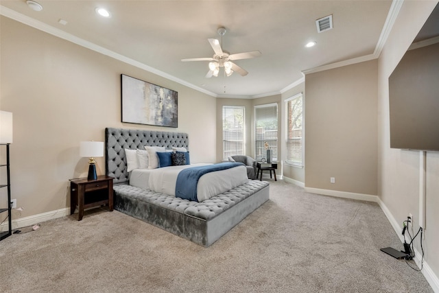 15606 Fox Meadow Ln, Frisco, TX 75035 - bedroom with carpet, baseboards, recessed lighting, crown molding, and ceiling fan