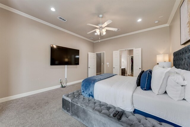 15606 Fox Meadow Ln, Frisco, TX 75035 - bedroom with carpet floors, ornamental molding, baseboards, recessed lighting, and ensuite bathroom