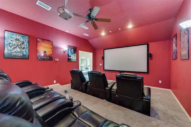 15606 Fox Meadow Ln, Frisco, TX 75035 - carpeted cinema featuring ceiling fan, lofted ceiling, baseboards, and recessed lighting