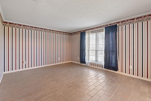 122 Clearview Ln, Fort Worth, TX 76126 - spare room featuring wallpapered walls, a textured ceiling, baseboards, ornamental molding, and brick patterned flooring