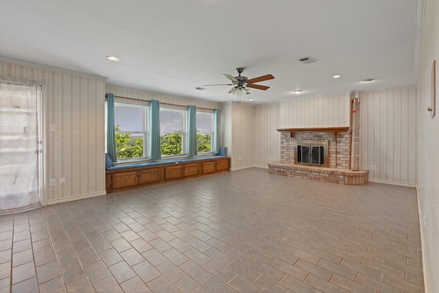 122 Clearview Ln, Fort Worth, TX 76126 - unfurnished living room with wallpapered walls, ceiling fan, baseboards, brick patterned flooring, and a fireplace