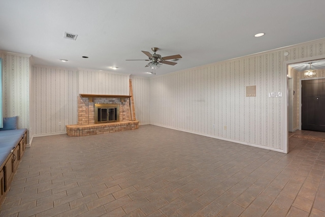 122 Clearview Ln, Fort Worth, TX 76126 - unfurnished living room with wallpapered walls, ceiling fan, ornamental molding, baseboards, and a brick fireplace