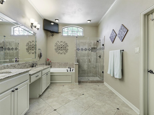 7425 Quiet Meadow Ln, Frisco, TX 75033 - full bathroom with crown molding, a stall shower, a bath, vanity, and tile patterned floors