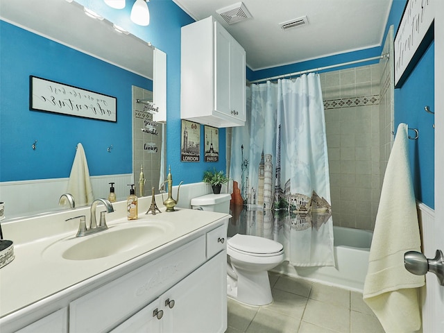 7425 Quiet Meadow Ln, Frisco, TX 75033 - bathroom featuring tile patterned flooring, toilet, shower / bath combination with curtain, and vanity