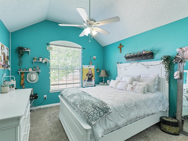 7425 Quiet Meadow Ln, Frisco, TX 75033 - carpeted bedroom with lofted ceiling, a textured ceiling, ceiling fan, and baseboards