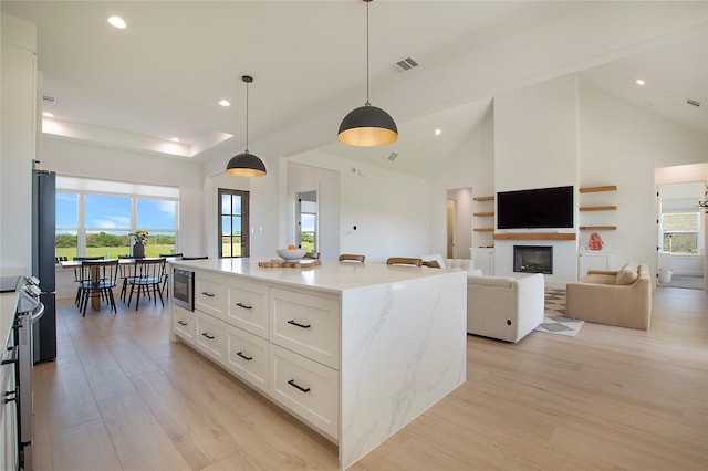 1339 Malone Dr, Royse City, TX 75189 - kitchen with stainless steel microwave, light wood-style floors, white cabinetry, high vaulted ceiling, and a glass covered fireplace