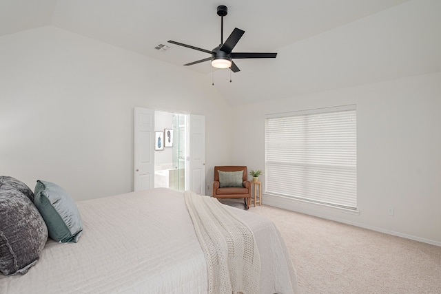 7901 Cross Plains Dr, Plano, TX 75025 - carpeted bedroom with lofted ceiling, multiple windows, ceiling fan, connected bathroom, and baseboards