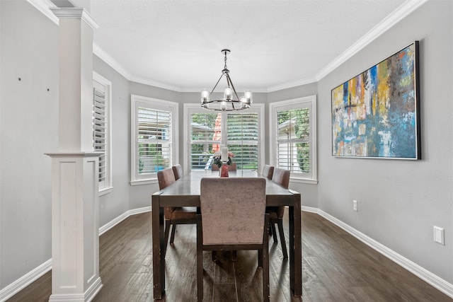 7125 Fish Pond Rd, Waco, TX 76710 - dining area featuring dark wood-type flooring, a chandelier, plenty of natural light, baseboards, and crown molding