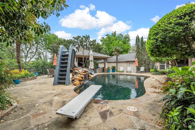 7125 Fish Pond Rd, Waco, TX 76710 - view of swimming pool featuring a patio, stairway, fence, and a diving board