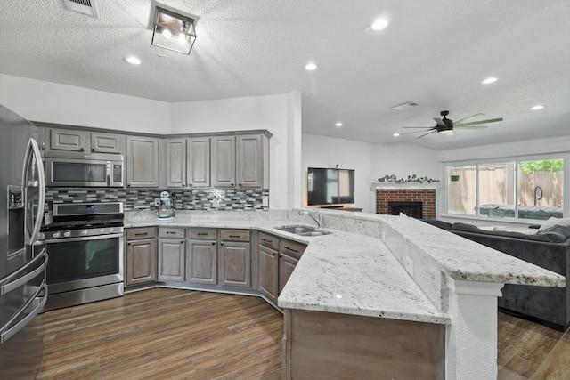 1010 Greenbriar Ln, Mckinney, TX 75069 - kitchen featuring stainless steel appliances, gray cabinets, a peninsula, open floor plan, and a sink