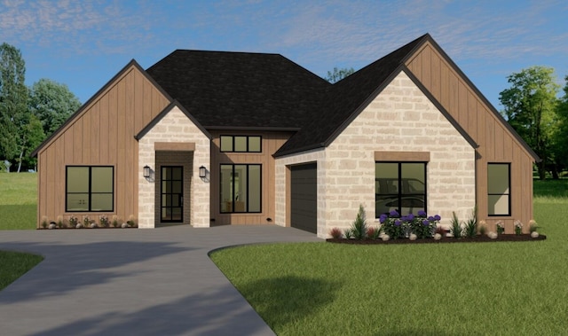 580 Lydia Ln, Granbury, TX 76049 - view of front of property with board and batten siding, a garage, stone siding, and a front lawn