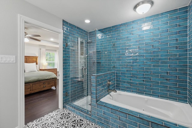 3713 Collinwood Ave, Fort Worth, TX 76107 - ensuite bathroom featuring tile patterned floors, ceiling fan, tiled shower / bath, and recessed lighting