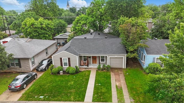 3713 Collinwood Ave, Fort Worth, TX 76107 - view of front of property featuring concrete driveway, a front yard, covered porch, an attached garage, and a shingled roof