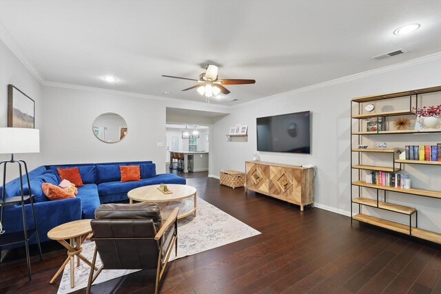 3713 Collinwood Ave, Fort Worth, TX 76107 - living area featuring a ceiling fan, a chandelier, wood finished floors, ornamental molding, and baseboards