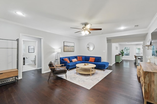 3713 Collinwood Ave, Fort Worth, TX 76107 - living area featuring ceiling fan, crown molding, dark wood-style flooring, baseboards, and recessed lighting