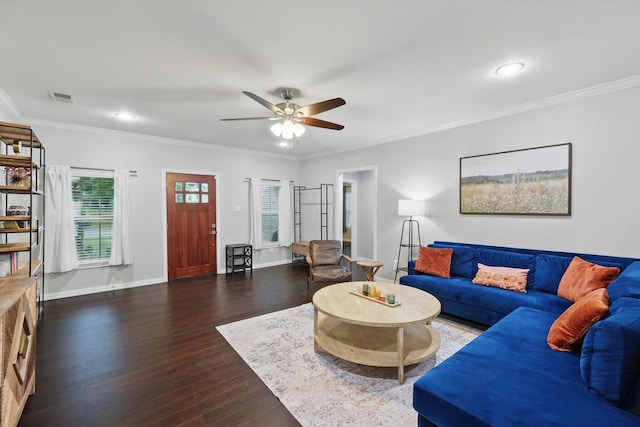 3713 Collinwood Ave, Fort Worth, TX 76107 - living area with ceiling fan, dark wood-type flooring, baseboards, ornamental molding, and recessed lighting
