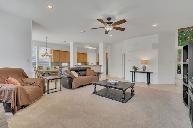 1804 Morning Mist Trl, Flower Mound, TX 75028 - living area with ceiling fan, a chandelier, light colored carpet, and recessed lighting
