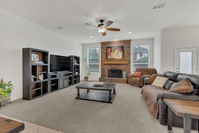 1804 Morning Mist Trl, Flower Mound, TX 75028 - living room featuring plenty of natural light, ceiling fan, a brick fireplace, carpet flooring, and recessed lighting