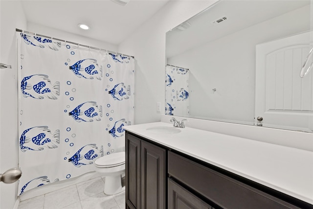 9220 Nevis Dr, Fort Worth, TX 76123 - bathroom featuring tile patterned floors, toilet, vanity, a shower with curtain, and recessed lighting