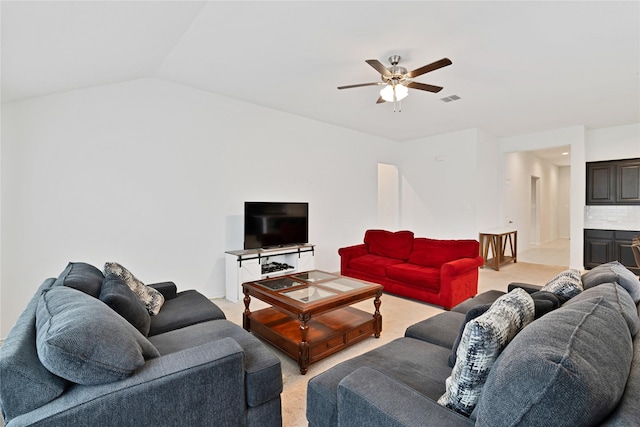 9220 Nevis Dr, Fort Worth, TX 76123 - living area with light colored carpet, ceiling fan, and vaulted ceiling
