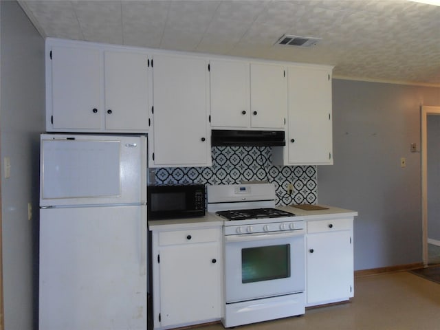 2108 Norwood Ln, Arlington, TX 76013 - kitchen featuring white appliances, under cabinet range hood, tasteful backsplash, white cabinets, and ornamental molding