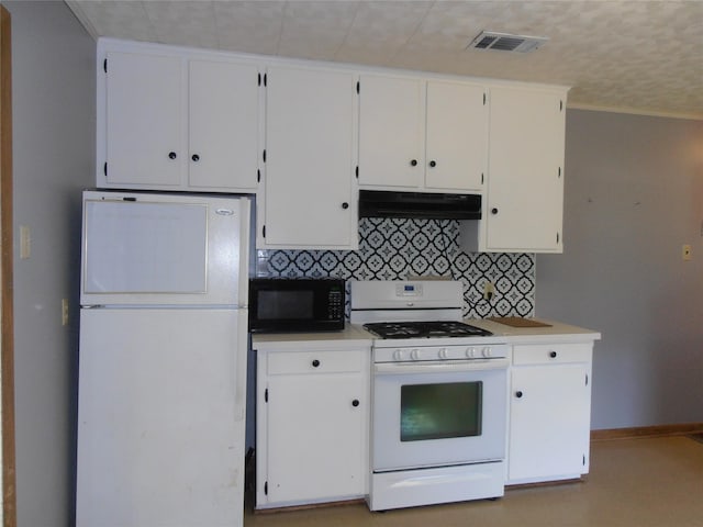 2108 Norwood Ln, Arlington, TX 76013 - kitchen with white appliances, under cabinet range hood, backsplash, and white cabinets