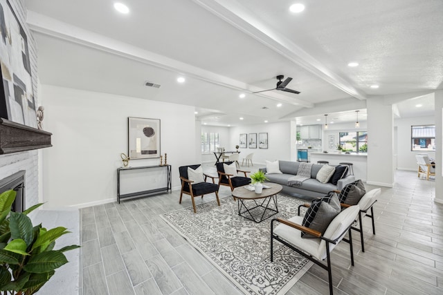 101 Oakmont Dr, Trophy Club, TX 76262 - living room featuring recessed lighting, baseboards, a ceiling fan, wood finish floors, and a fireplace