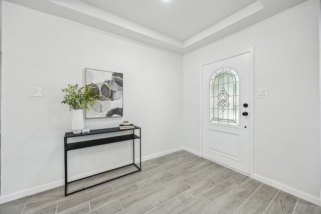 101 Oakmont Dr, Trophy Club, TX 76262 - entryway with wood finished floors, a tray ceiling, and baseboards