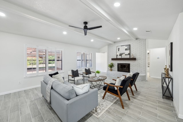 101 Oakmont Dr, Trophy Club, TX 76262 - living room featuring ceiling fan, a fireplace, baseboards, wood tiled floors, and recessed lighting