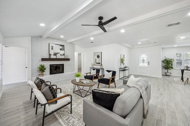 101 Oakmont Dr, Trophy Club, TX 76262 - living area featuring wood finished floors, a ceiling fan, a fireplace, baseboards, and recessed lighting