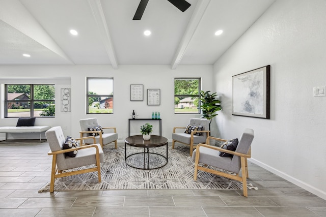 101 Oakmont Dr, Trophy Club, TX 76262 - living room featuring recessed lighting, beam ceiling, baseboards, and a ceiling fan