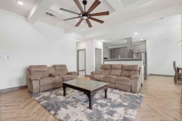 3304 Cobbler Ln, Joshua, TX 76058 - living room featuring baseboards, ceiling fan, recessed lighting, beamed ceiling, and coffered ceiling