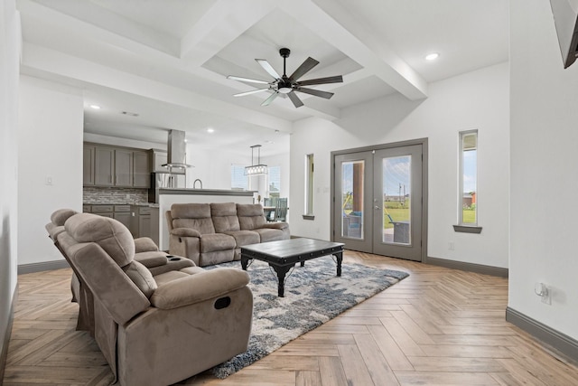 3304 Cobbler Ln, Joshua, TX 76058 - living area featuring baseboards, recessed lighting, a ceiling fan, coffered ceiling, and beam ceiling