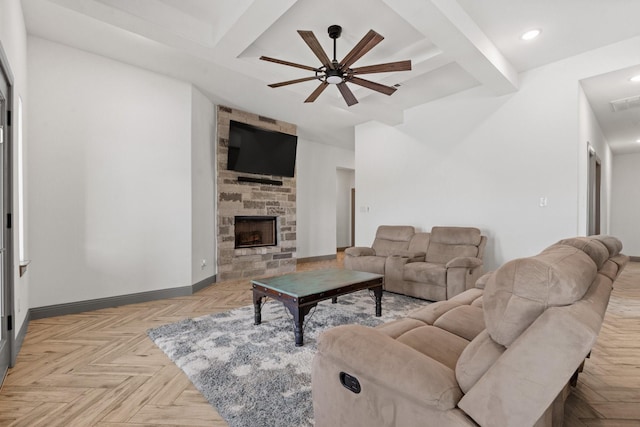3304 Cobbler Ln, Joshua, TX 76058 - living area with ceiling fan, recessed lighting, coffered ceiling, baseboards, and a fireplace