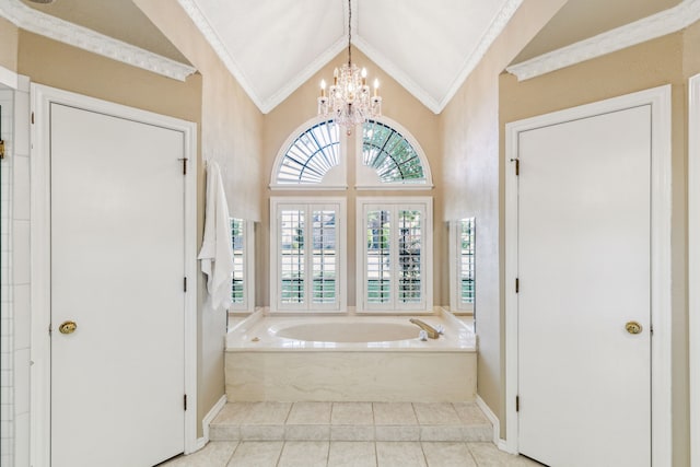 full bath with crown molding, a garden tub, lofted ceiling, tile patterned floors, and a chandelier