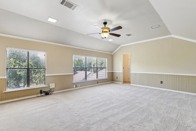 empty room featuring lofted ceiling, wainscoting, ceiling fan, and carpet