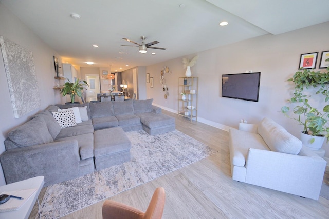251 S Mill St Unit 260, Lewisville, TX 75057 - living area with light wood finished floors, a ceiling fan, baseboards, and recessed lighting