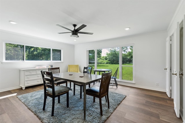 2173 Fairway Acres Dr, Argyle, TX 76226 - dining space featuring ornamental molding, ceiling fan, baseboards, dark wood-style flooring, and recessed lighting