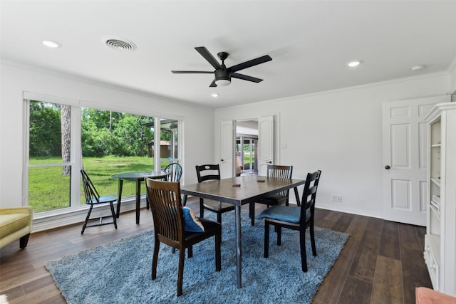 2173 Fairway Acres Dr, Argyle, TX 76226 - dining area with crown molding, ceiling fan, dark wood-style flooring, and recessed lighting