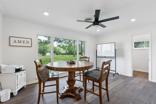 2173 Fairway Acres Dr, Argyle, TX 76226 - dining area with a ceiling fan, crown molding, dark wood-style floors, baseboards, and recessed lighting