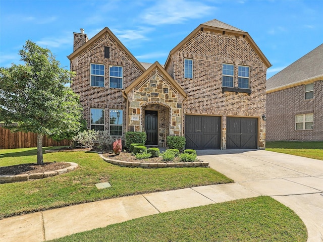 3728 Dover, The Colony, TX 75056 - view of front of home featuring driveway, an attached garage, brick siding, a chimney, and stone siding